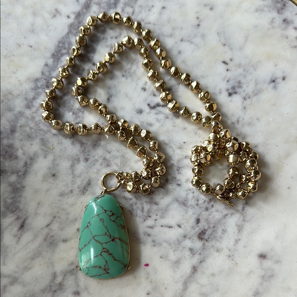 Long Boho Gold Beaded Necklace with Faux Turquoise Stone Pendant